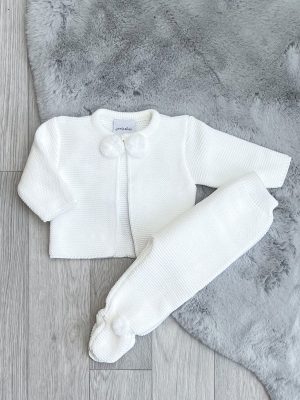 Baby traditional Spanish clothing - White Knitted Pom Pom Outfit