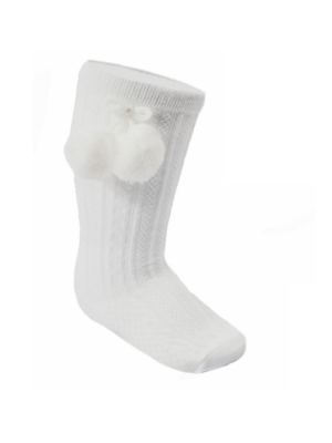 White Pom Pom Knee-High Socks